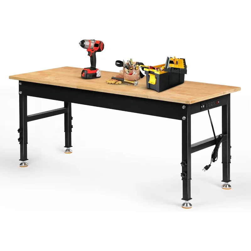 Adjustable Height Workbench, 60" Rubber Wood Top Heavy Duty Workstation with Power Outlets, 2000 LBS Load Capacity Hardwood