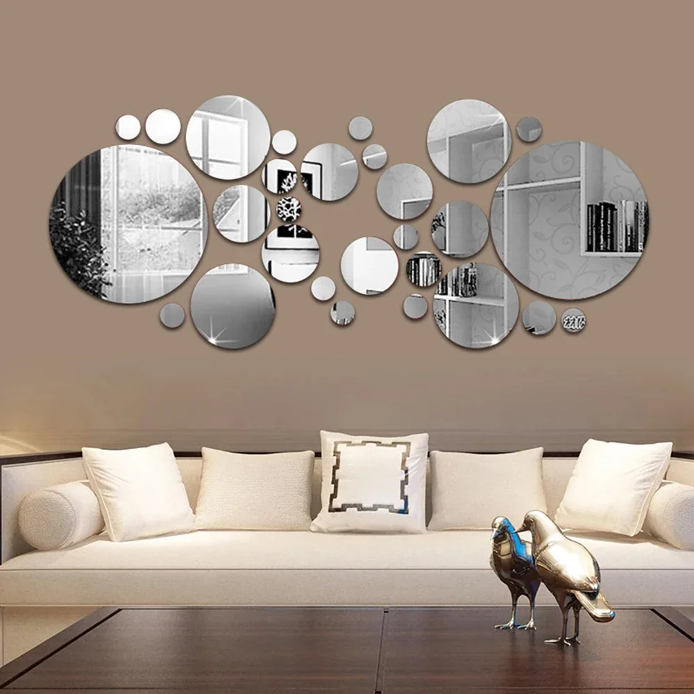 26 pezzi adesivi murali specchio acrilico 3D set pannello decorativo riflettente adesivo rotondo per soggiorno camera da letto TV sfondo arredamento