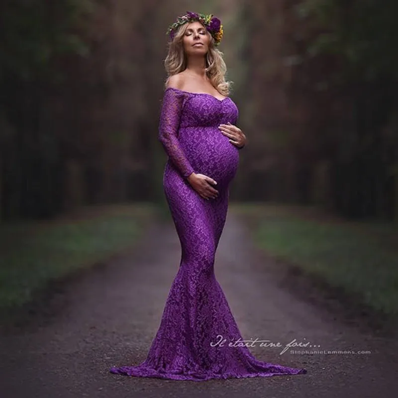 2025 Mermaid Maternityชุดสําหรับถ่ายภาพลูกไม้Maxiชุดคลุมท้องปิดไหล่เซ็กซี่ผู้หญิงชุดการตั้งครรภ์การถ่ายภาพProp