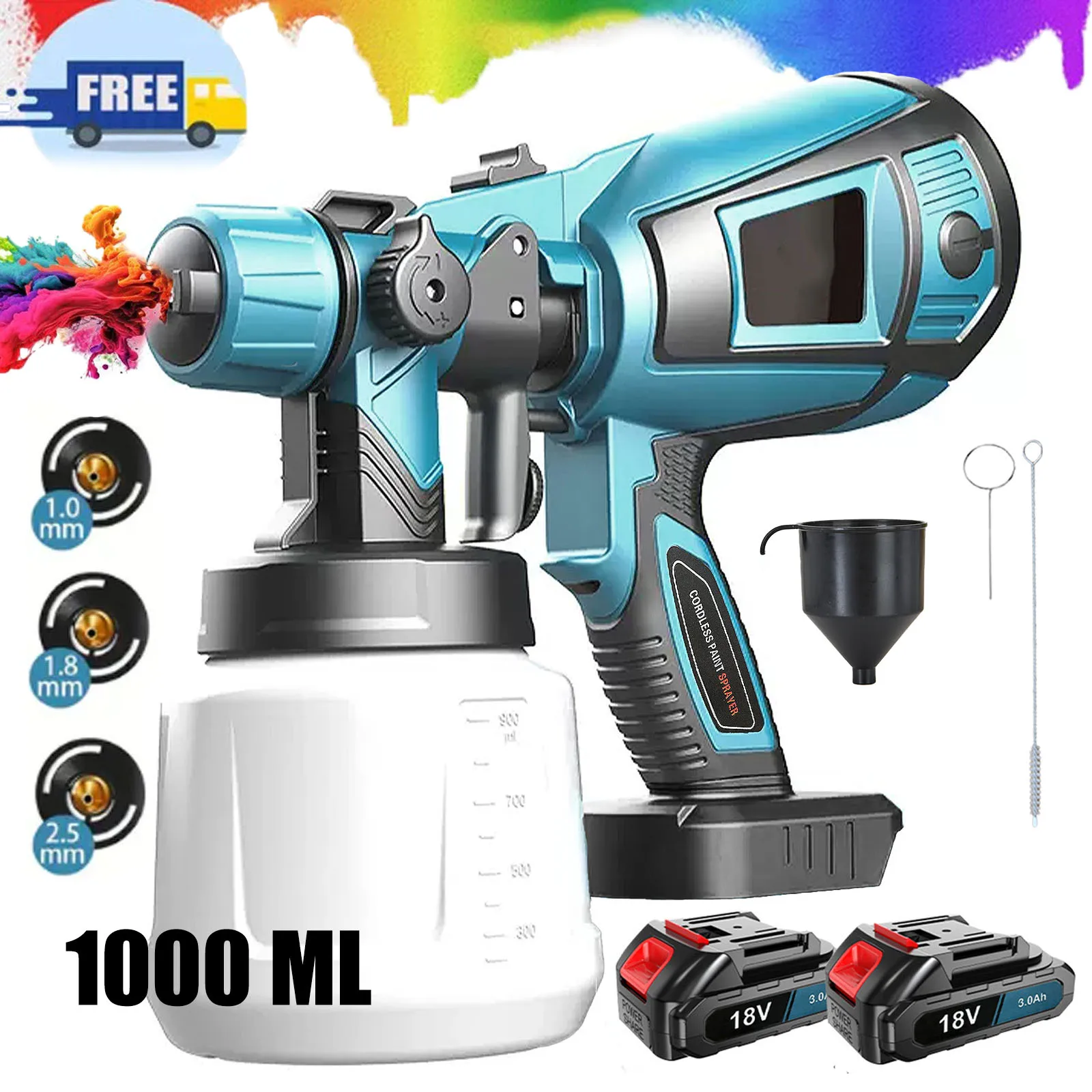 2 Battery Cordless Paint-Sprayer-Spray Gun Airless Home/Outdoor Wall Fence For Makita 18V HVLP 1000ML
