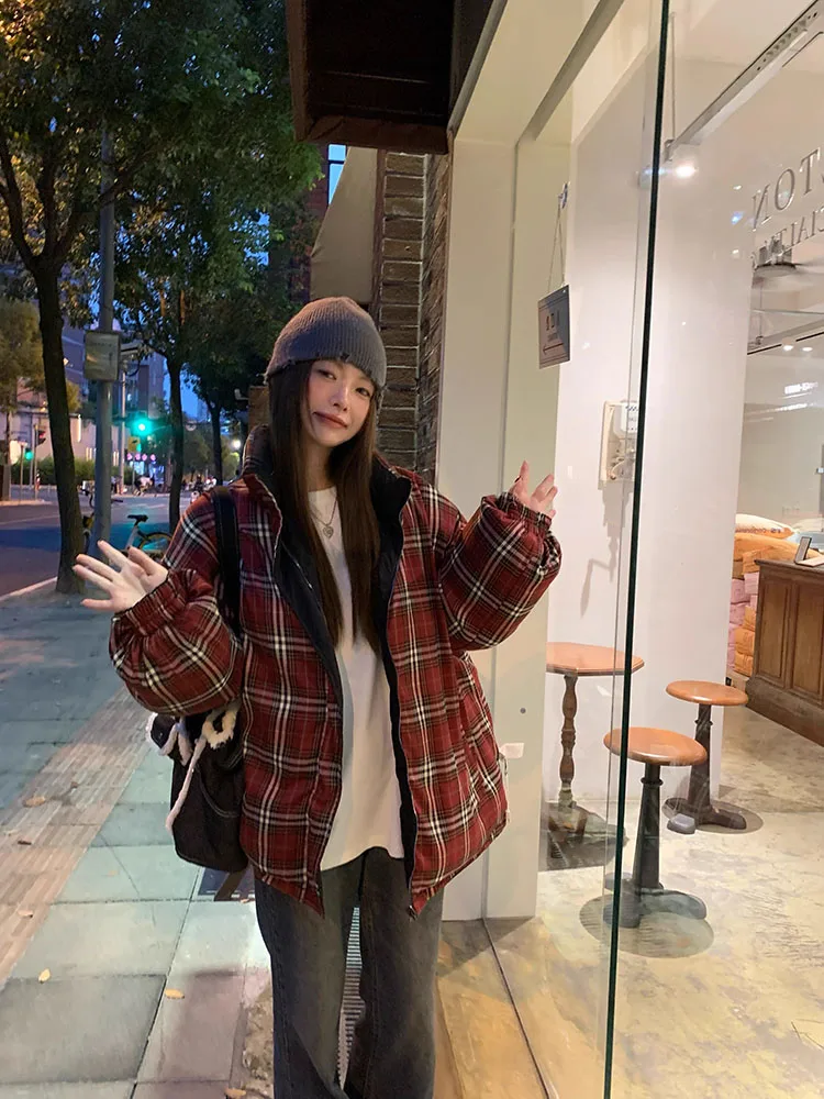 REVERSIBLE Parkas ผู้ชายผู้หญิงวินเทจสีบล็อก Lattice หนาแจ็คเก็ต Stand-up COLLAR WARM เสื้อหลวมฤดูหนาวเสื้อคู่