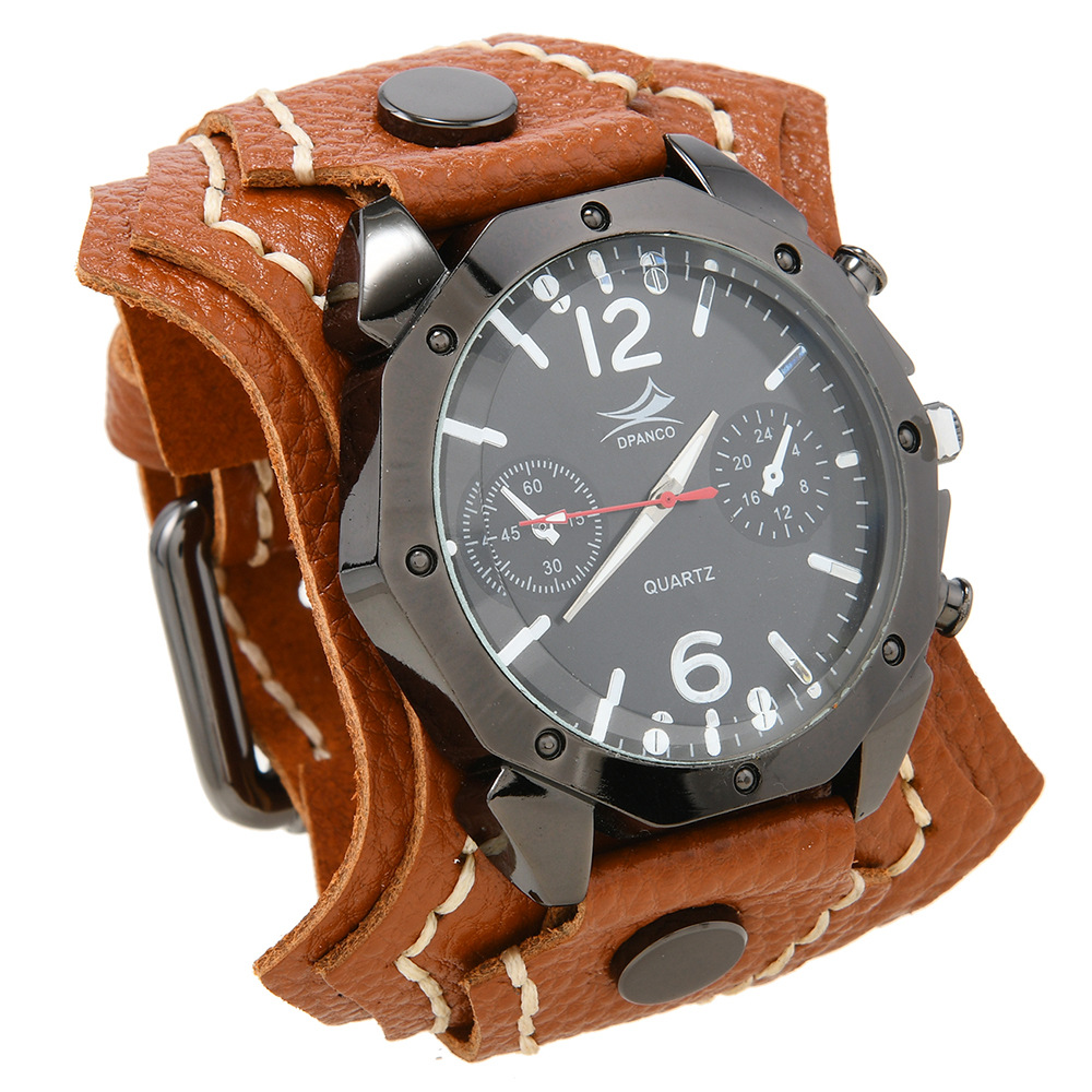 Relógio masculino de quartzo com mostrador grande estilo punk rock vintage multicamadas costurado à mão com pulseira de couro
