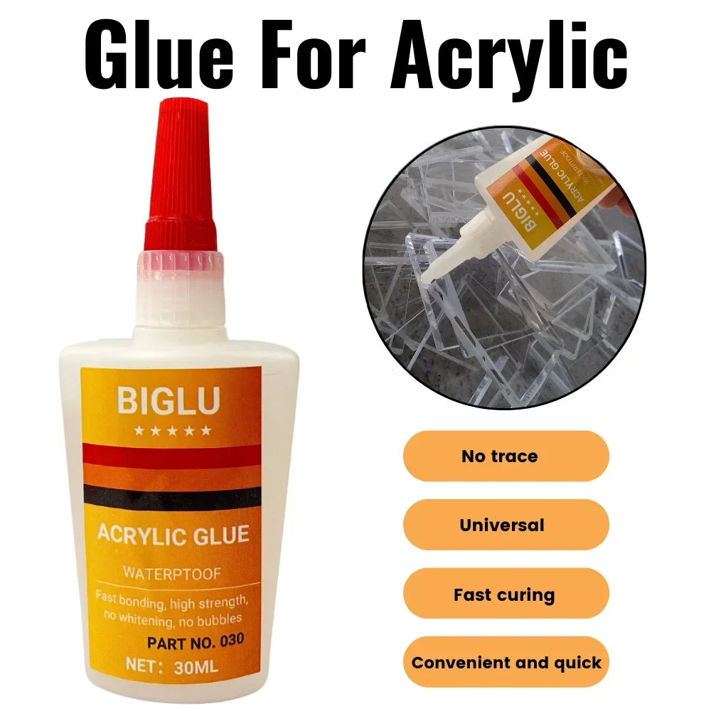 Pegamento acrílico adhesivo BIGLU de 30ML para placa de tubo acrílico PMMA PC, súper pegamento instantáneo, pegamento de plexiglás resistente al agua