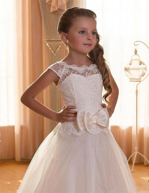 Vestido blanco de primera comunión para niñas, sin espalda, Apliques de encaje, lazo de tul, vestidos largos de flores para fiesta de boda y cumpleaños