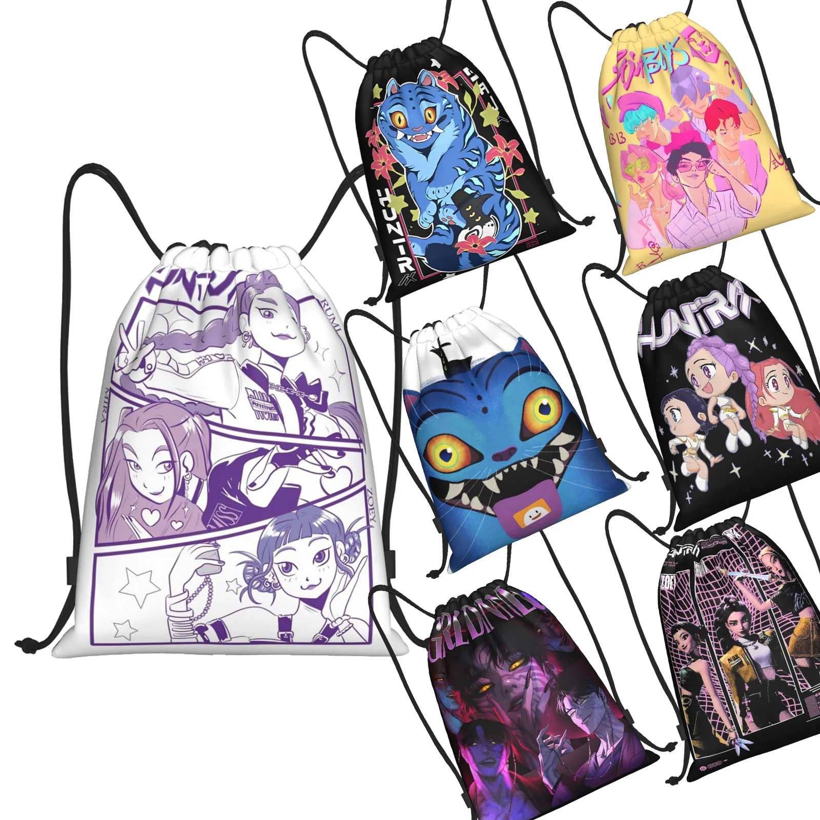 KPop Demon Hunters Huntrix Bolsas con cordón Mochila deportiva Mochila de gimnasio Bolsa de cuerda resistente al agua para ciclismo