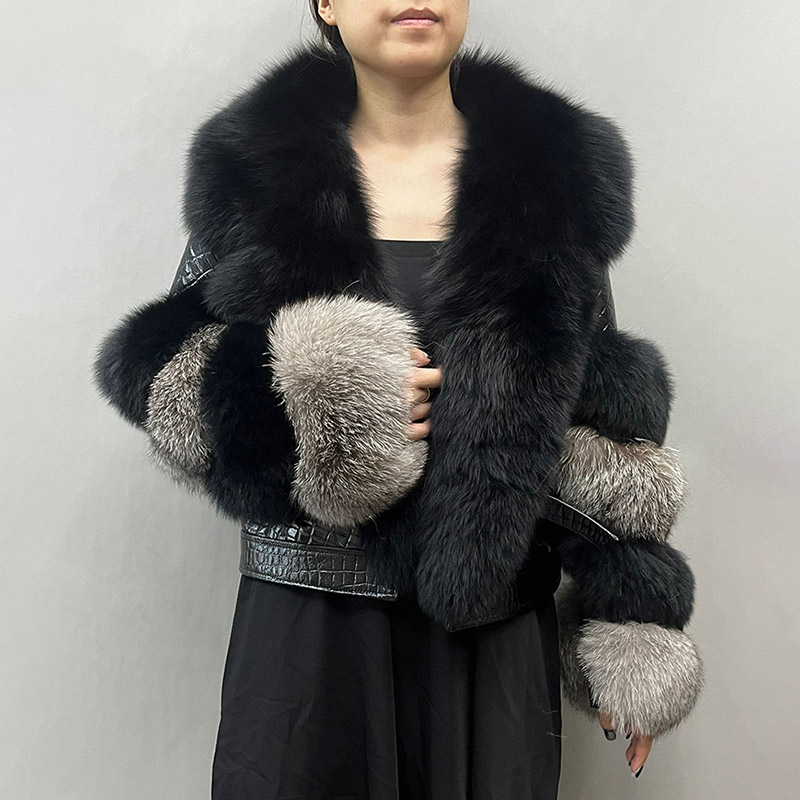 Jaqueta de couro recortada de pele real feminina, gola grande de pele, manga comprida, elegante, atacado, nova