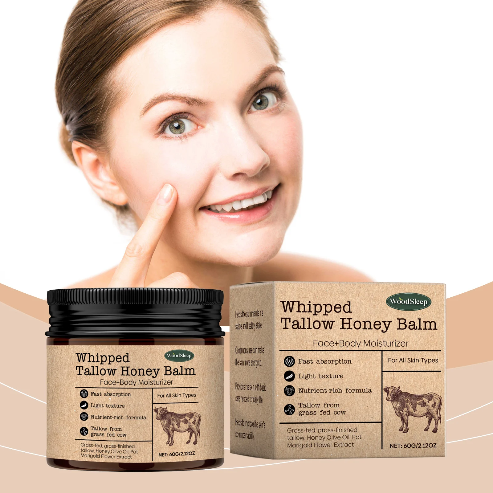 WoodSleep ​ Pasta de talgo de carne profundamente hidratante iluminando removedor de rugas grama fedow mel selvagem rosto corpo creme pele carro