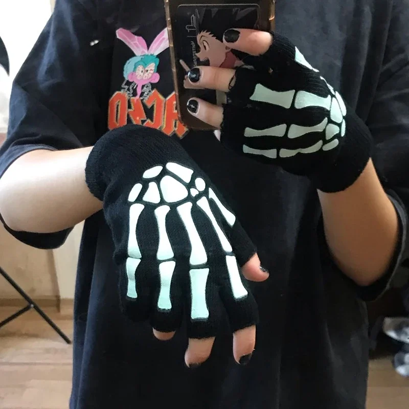 Neue Punk-Handschuhe, Unisex, Halloween, Skelett, Totenkopf, Halbfinger-Handschuhe, leuchtet im Dunkeln, fingerlose Stretch-Strick-Winter-Fäustlinge