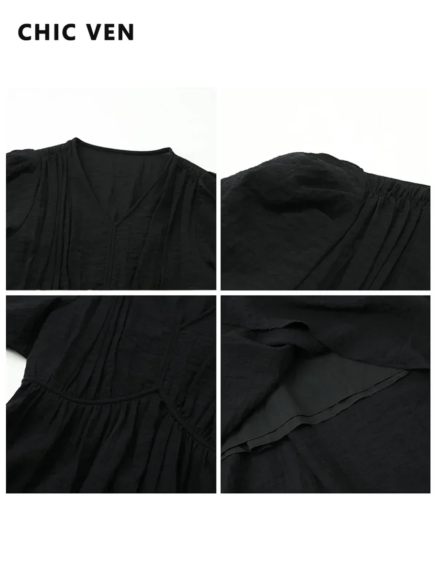 CHIC VEN-Vestido largo de estilo francés para mujer, ropa holgada con cuello en V, manga abullonada, color negro liso, novedad de verano 2023