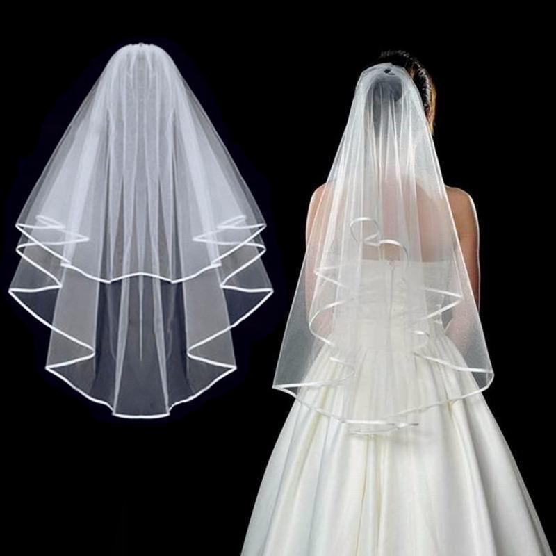 White Ivory Wedding Veil 2 Tiers Ribbon Edge Center Cascade Bridal Veil with Comb for Bachelorette Party