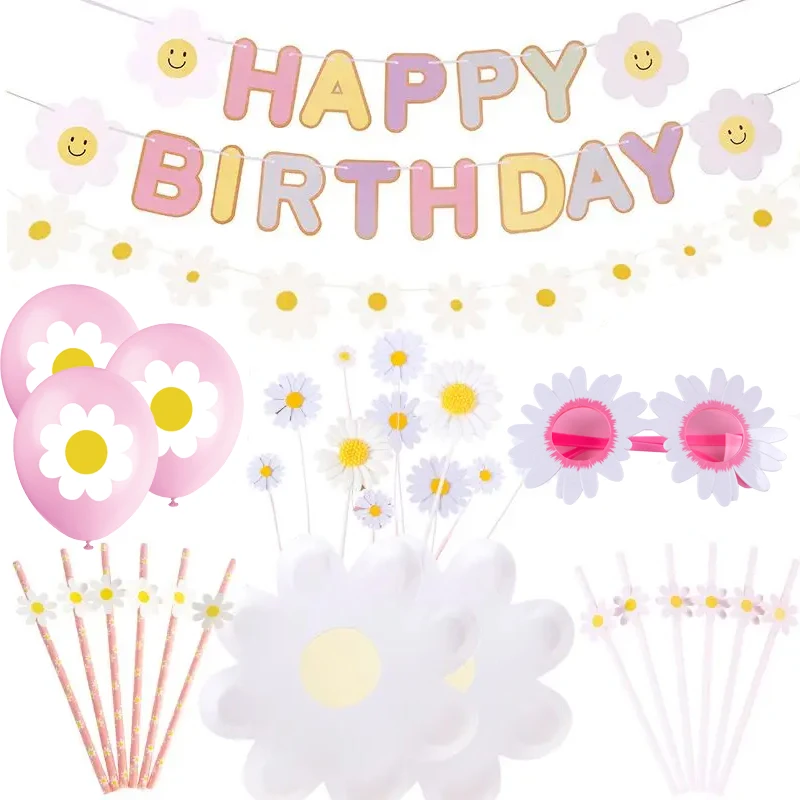 Gänseblümchen-Geburtstagsparty-Dekoration für Kinder, alles Gute zum Geburtstag, Banner, Gänseblümchen-Blumenteller, Strohhalme, Babyparty, erster Geburtstag, Party-Dekoration