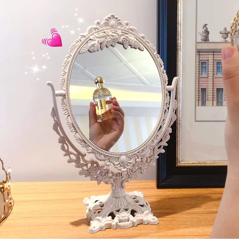Espejo de maquillaje de estilo europeo Vintage, espejo cosmético de forma ovalada, giratorio de 360 grados, espejo de tocador de escritorio, decoración del hogar