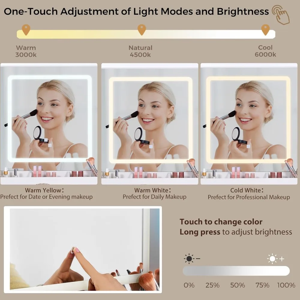 Vanity Desk with Mirror and Lights 3 Colors 43.3" Makeup Vanity with RGB Lights and Power Strip Large Vanity Set Dressing