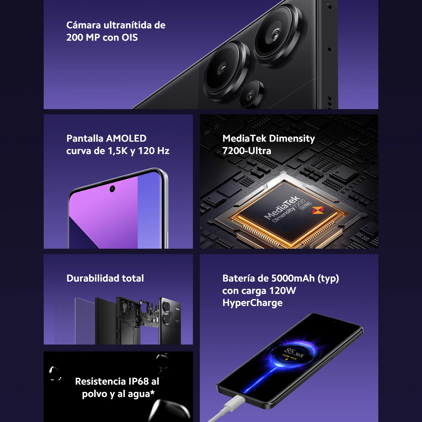 Xiaomi Redmi Note 13 Pro Plus 5G Versión Global 256GB/512GB MediaTek Dimensity 7200-Ultra 6.67'' Pantalla 3D Curva 1.5K 120Hz, 1