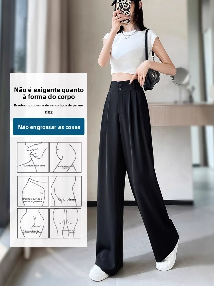 Calças de Terno Fenas Slim Fit de Perna Reta, Finas e Pretas para o Verão, Tamanho Pequ, com Cintura Larga e Perna Lar...