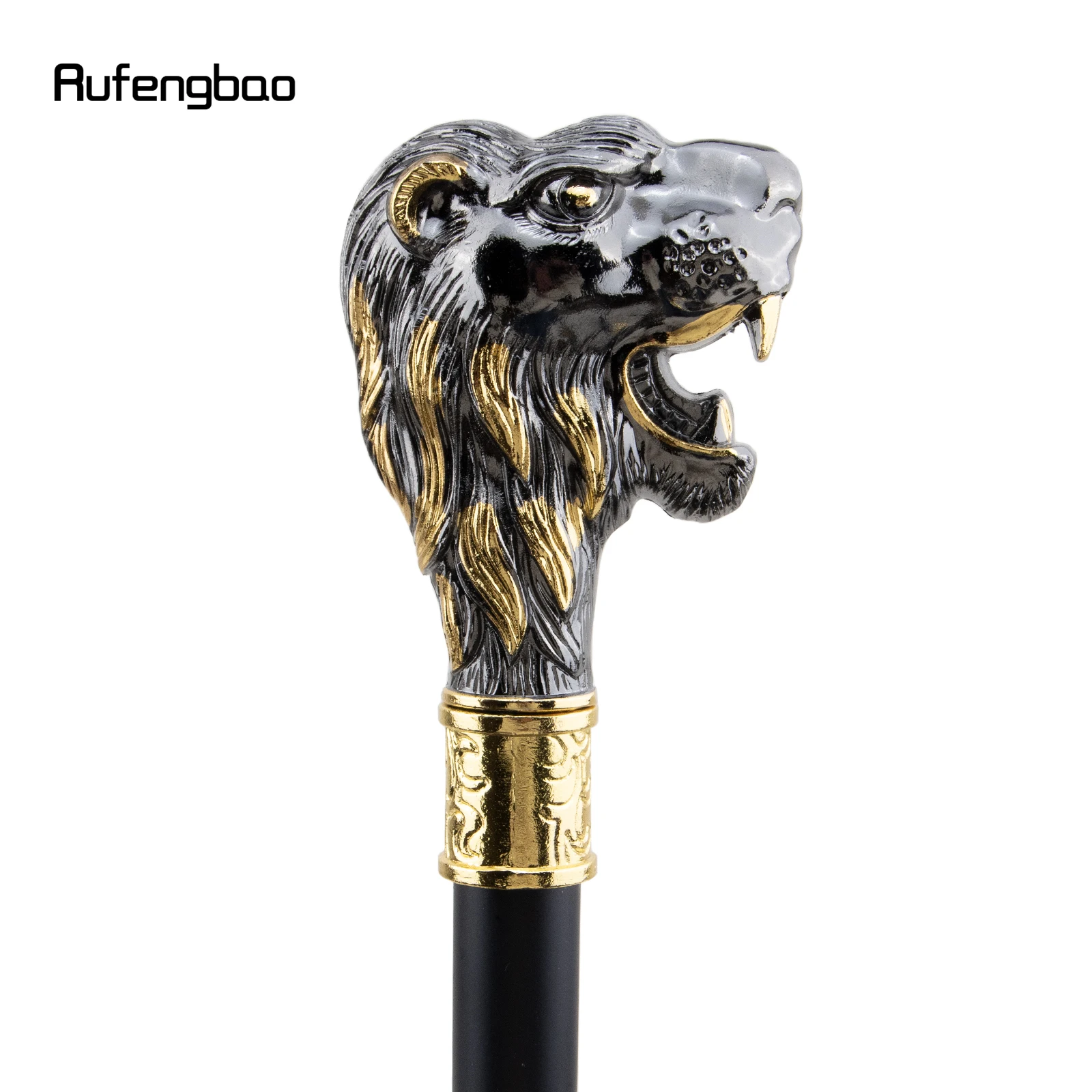 Goldener schwarzer Löwenkopf mit Schnurrbart-Gehstock mit versteckter Platte Selbstverteidigung Mode Rohr platte Cosplay Crosier Stick 93cm