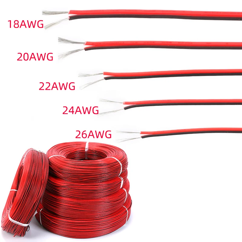 Cable eléctrico de 2 pines de cobre estañado, Cable de tira LED de extensión de PVC aislado, Cable rojo y negro, 18/20/22/24/26 AWG