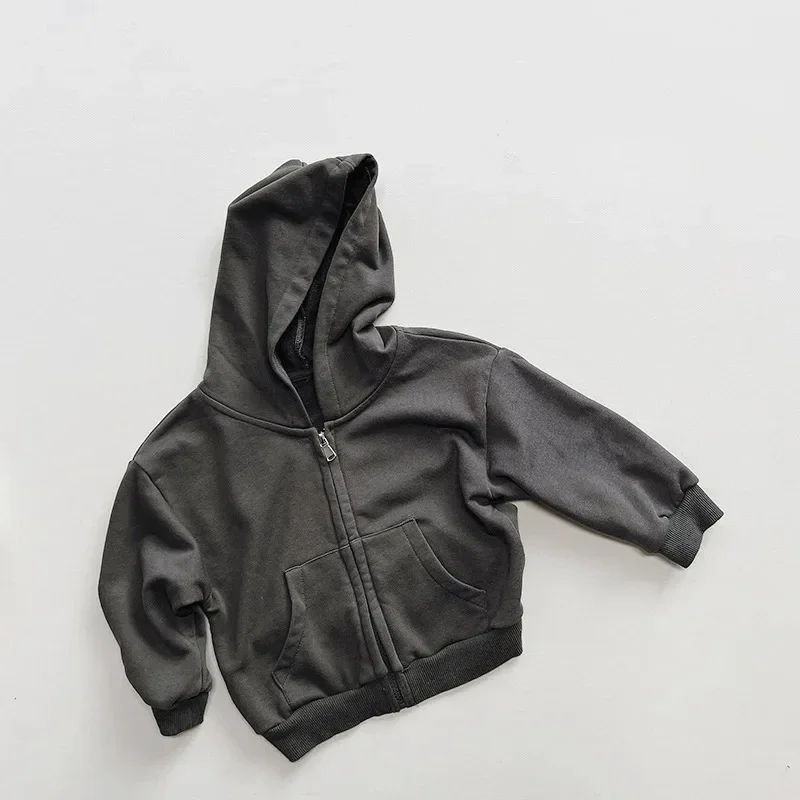 Jaket berkerudung anak laki-laki, Hoodie Solid kasual anak-anak musim semi baru 2025, mantel ritsleting bayi atasan anak-anak