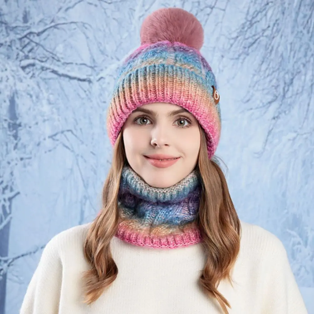 Set di sciarpe per cappelli lavorati a maglia di colore sfumato di moda Berretti antivento resistenti al freddo Berretti scaldacollo ispessito caldo invernale per donna