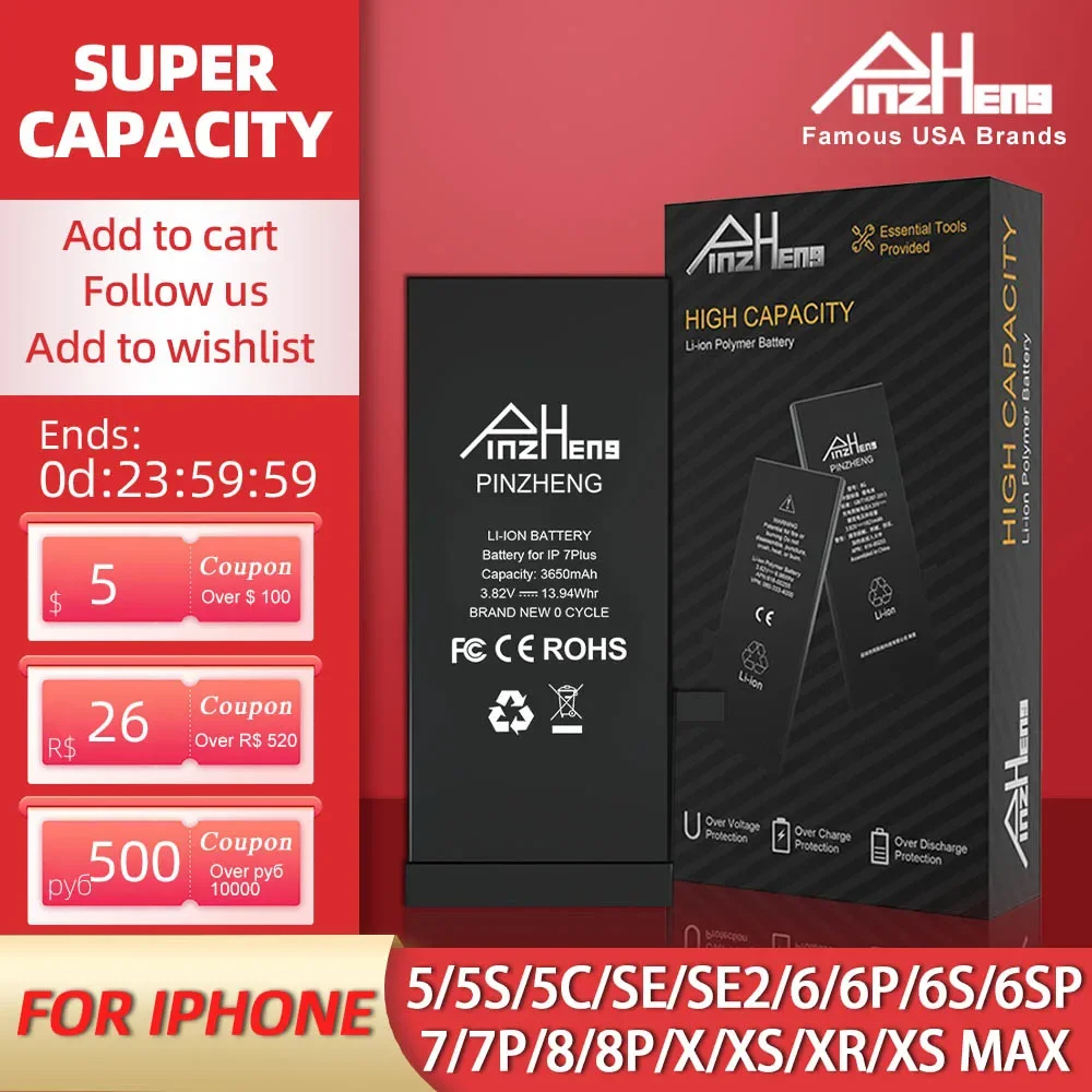 PINZHENG настоящий аккумулятор большой емкости для iPhone 5S SE 6 6S 7 8 Plus X Xr Xs Max, сменная батарея для телефона, гарантия один год