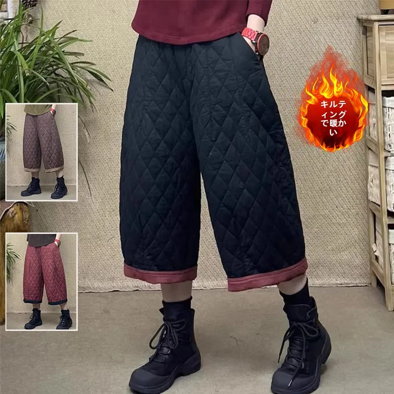 レトロファッションダイヤモンドパターン綿ストレートレッグカジュアルパンツ大きいサイズの女性の冬暖かい上着ブーツカットズボン