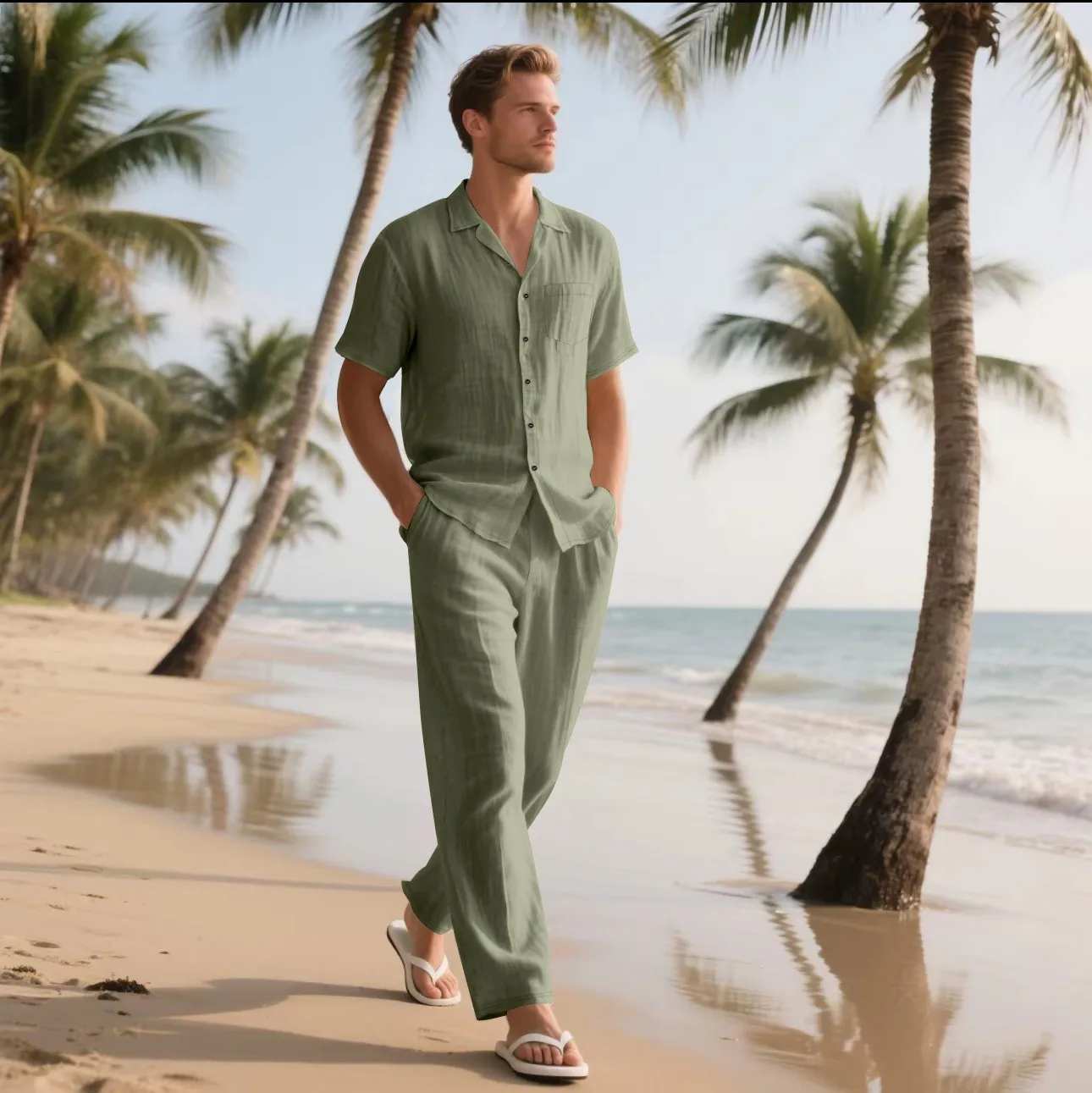 Das 2025 Summer Beach Herren-Kurzarmhemd-Set aus Leinen ist ein zweiteiliges langes Hosen-Set, das für alltägliche, lässige Strandurlaub geeignet ist