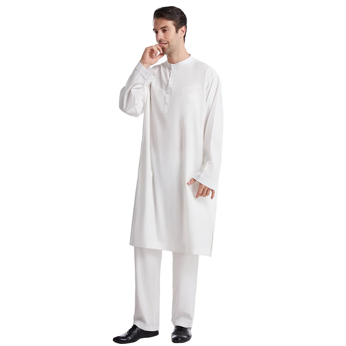 Homens muçulmanos jubba thobe 2 pice conjunto superior com calça dos homens abaya longo islâmico eid 2025 ramadan longo robe saudita wear caftan dubai árabe