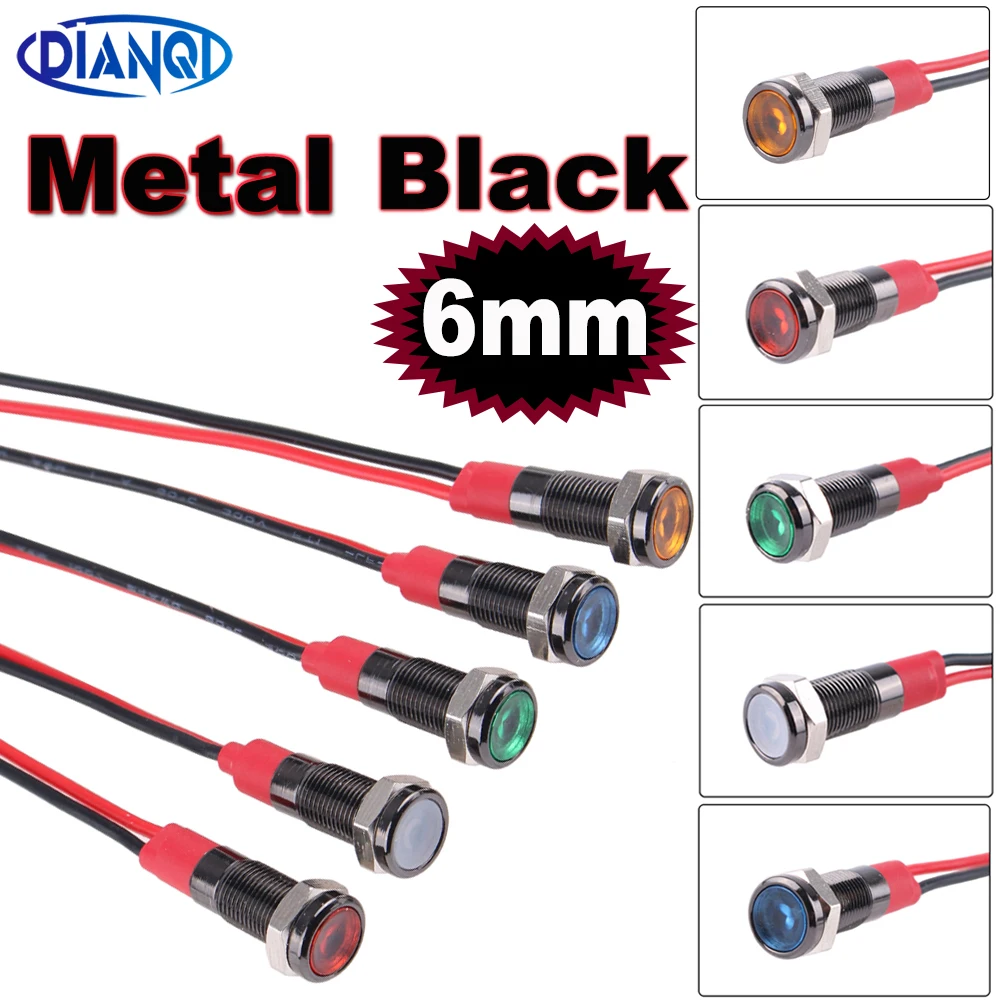 1 unidad de luz indicadora de Metal LED de advertencia negra oxidada de 6mm lámpara de señal piloto 6V 12V 24V 220V con cable rojo amarillo azul verde
