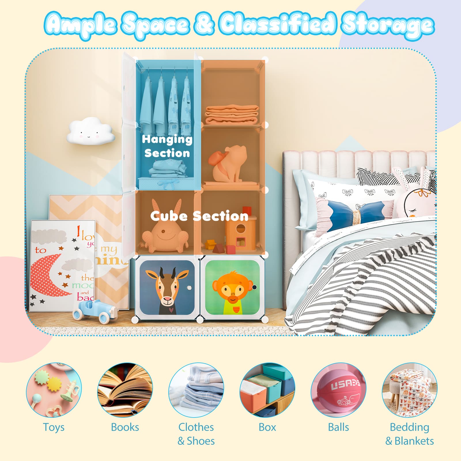 DORTALA Portable Kids Wardrobe 8-Cube Baby Closet Dresser-Blue