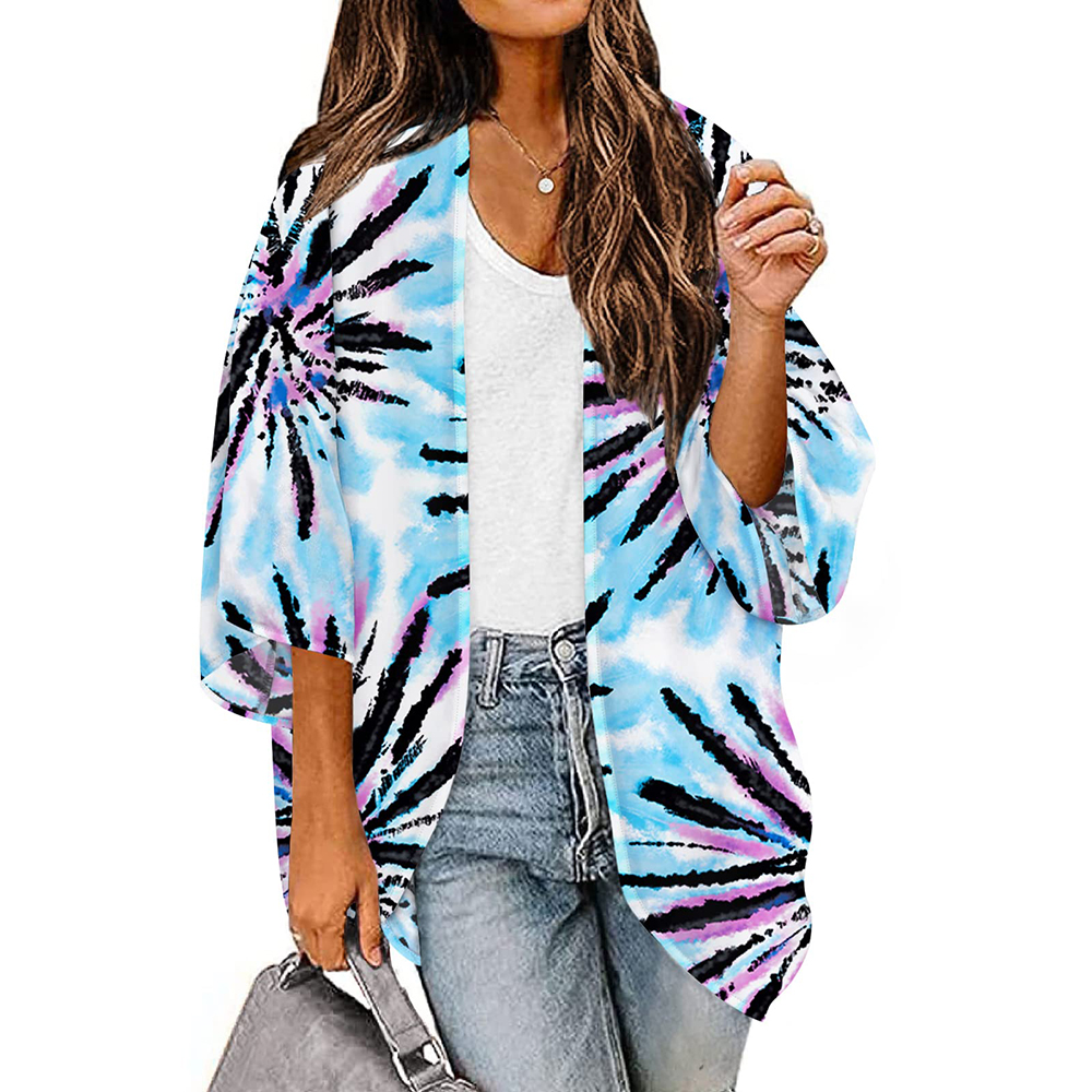 Femmes imprimé léopard fleuri à manches courtes châle en mousseline de soie Kimono plage Cardigan Bikini couvrir Wrap maillots de bain maillot de bain manteau AntiUV