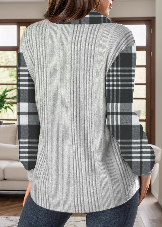 Plus-Size-Damen-Kapuzenpullover mit geknöpftem, gestreiftem Karomuster und Farbblock in verschiedenen Farben mit langen Ärmeln