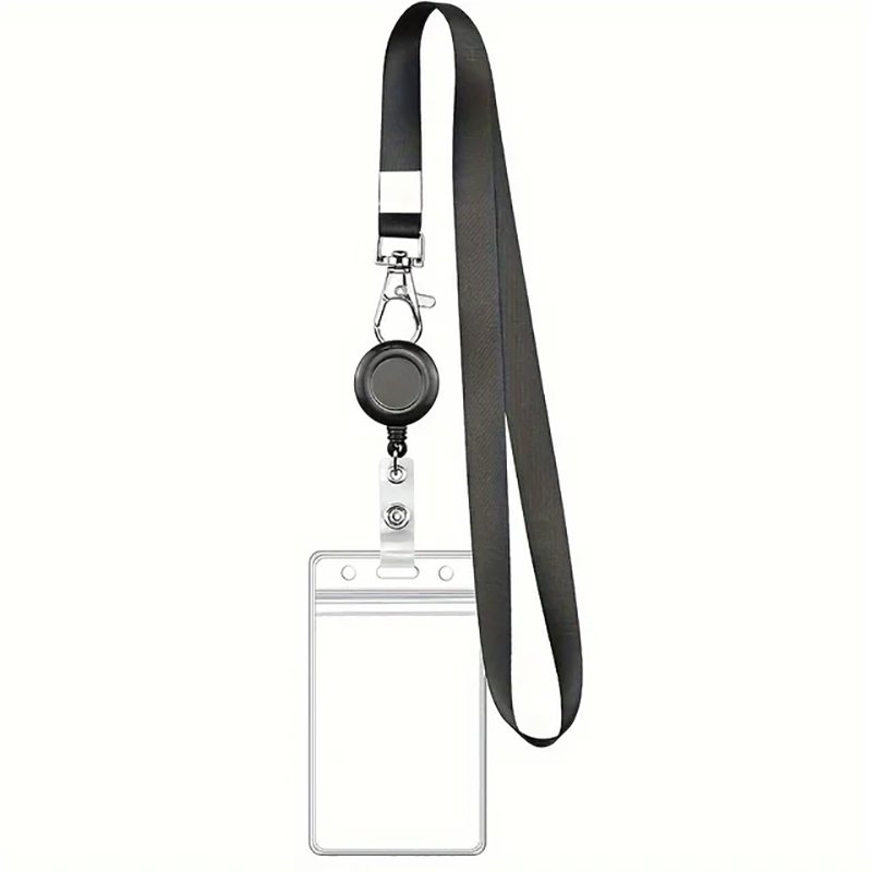 Black Retractable Badge Reel Set with Lobster Clasp and Waterproof PVC Card Holder, Durable Lanyard, for Work ID and Name Tags