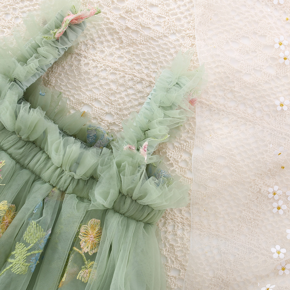 Mignon enfant en bas âge filles maille bretelles arc robe moelleux Tulle Tutu robe de princesse été bébé filles broderie fleur tenue décontracté