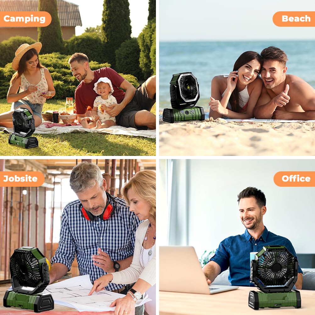 Camping-Ventilator, 20.000 mAh, batteriebetriebener Ventilator, wiederaufladbar, mit LED-Licht, tragbarer Outdoor-Zeltventilator mit Aufhängehaken, 4 Geschwindigkeiten, Wind