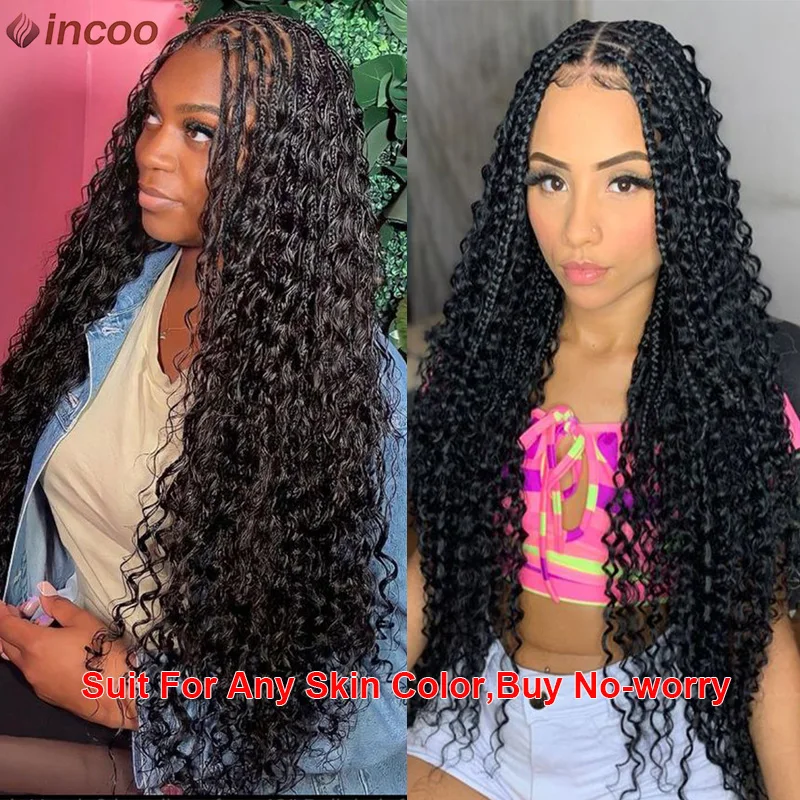 ยาว 32 Bohoถักเต็มลูกไม้ด้านหน้าวิกผมสังเคราะห์สีบลอนด์หยิกเทพธิดาLocs CornrowsวิกผมPre Pluckedผมเด็กกล่องBraidsวิกผม