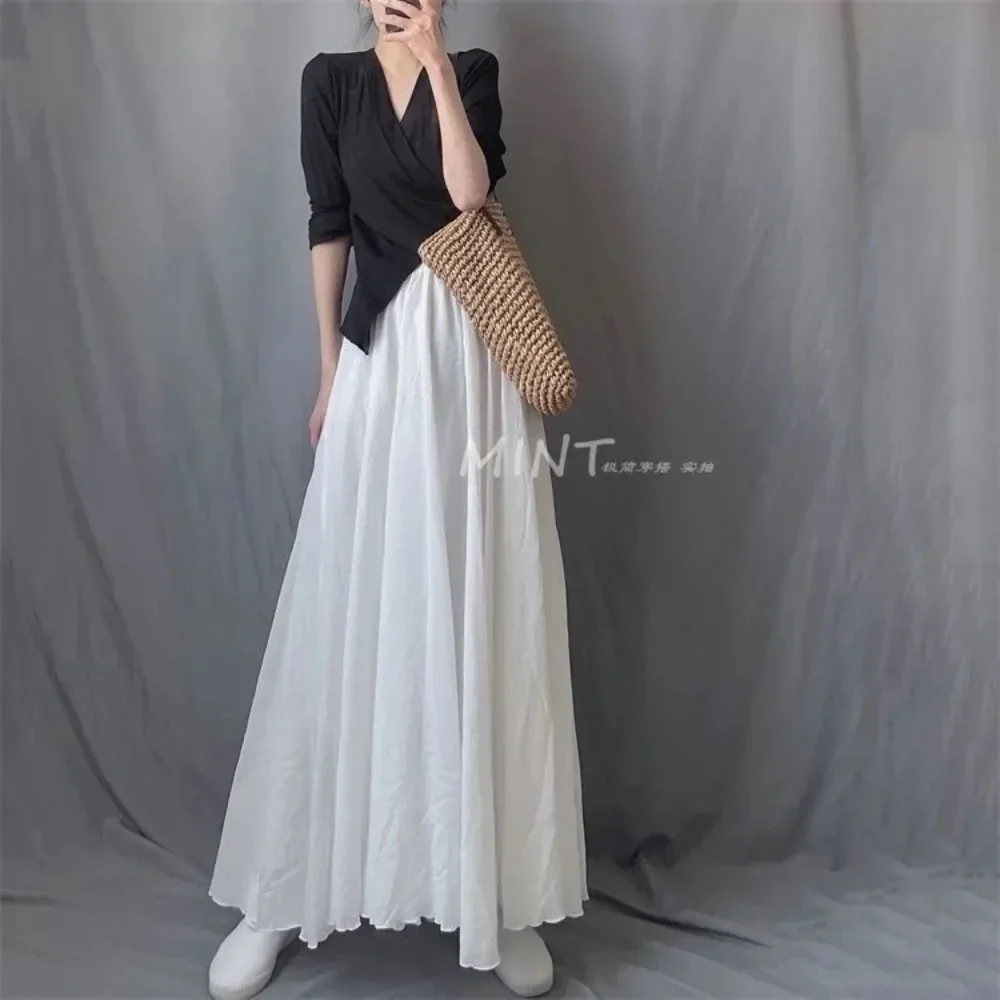 2025 Falda de mujer Boho Beach - Lino Mezcla de algodón Cintura elástica Maxi largo plisado, falda casual de verano vintage Faldas Saia