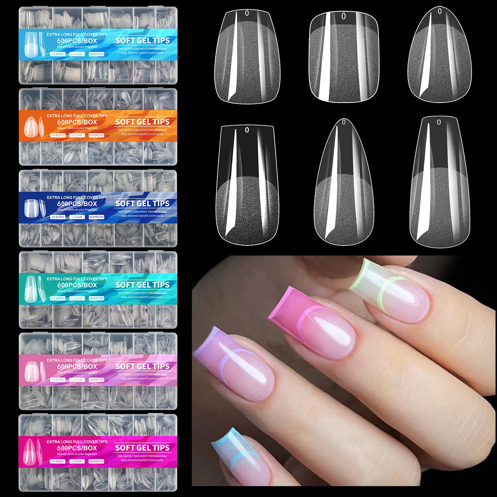 600 Stücke Volle Abdeckung Drücken Auf Nagelspitzen Stiletto Mandel Quadrat Sarg Französisch Falsche Gefälschte Soak Off Gel Nagelverlängerungsspitzen Kapsel