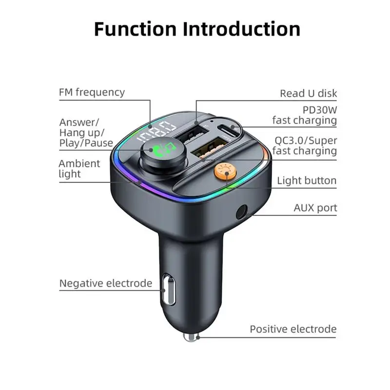 Bluetooth 5.3 Car FM Transmitter Hands-Free Car AUX Radio Modulator MP3 Player with Fast Charging Adapter Auto Accessories