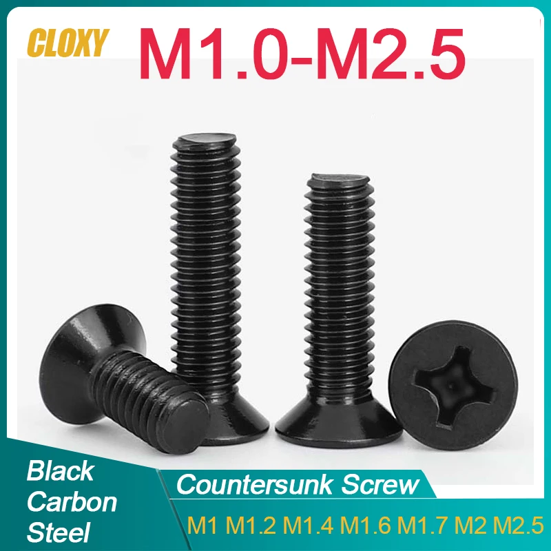 50/ 100 Uds M1 M1.2 M1.4 M1.6 m1.7 M2 M2.5 Mini tornillo de cabeza plana Phillips cruzada de acero negro pequeño