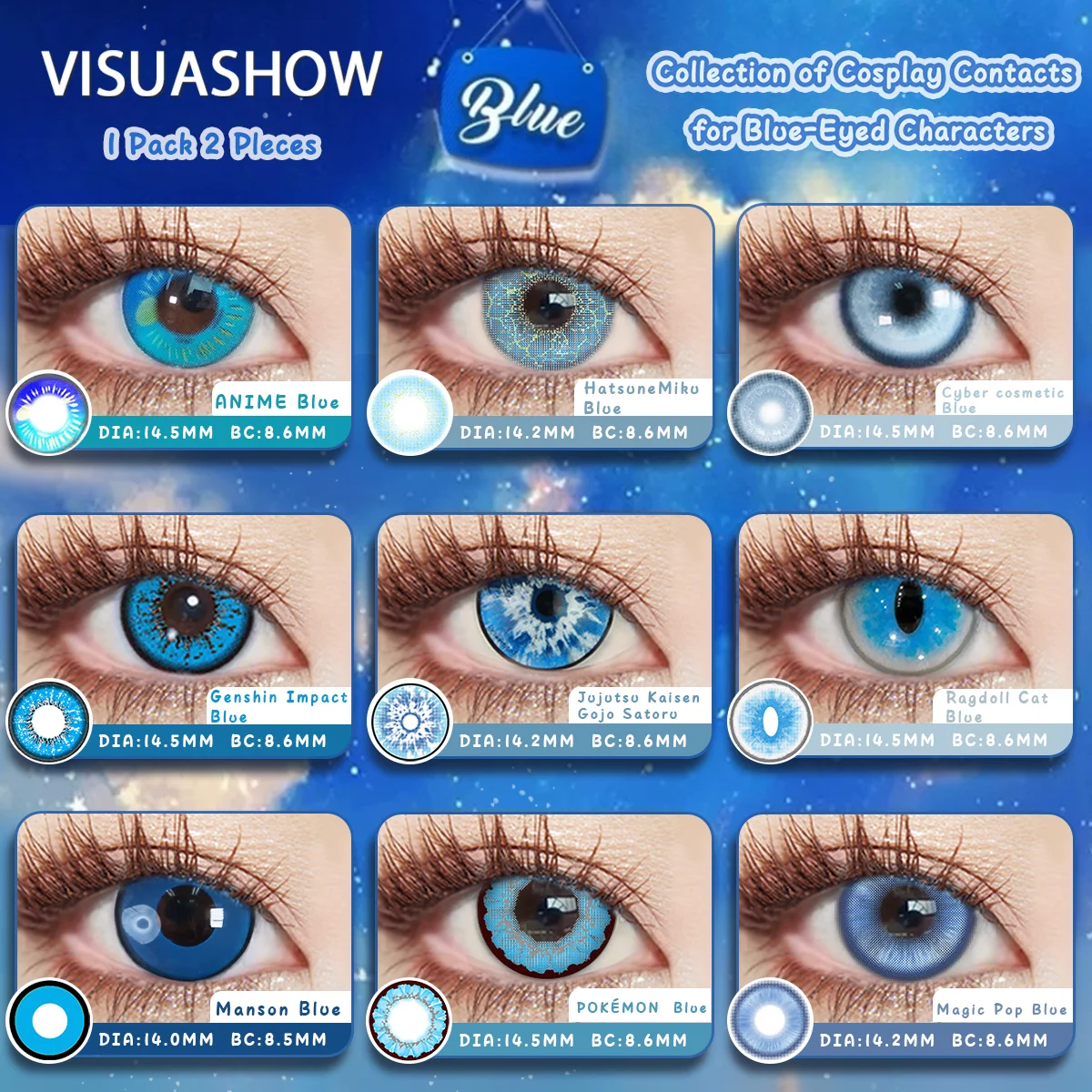 Visuashow Blue Colored Contact Lenses Enlarging Pupil Eye Contacts for Cosplay Yearly Cute Lens for Beach School Campus Festival