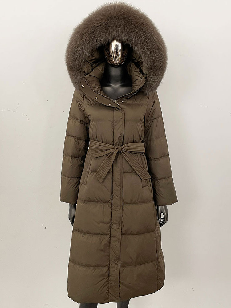 CXFS 2025 Winter Lange Bont Dikke Warme Jas Capuchon Vrouwen Natuurlijke Echte Wasbeer Vossenbont Eendendons Bovenkleding met Riem Casual