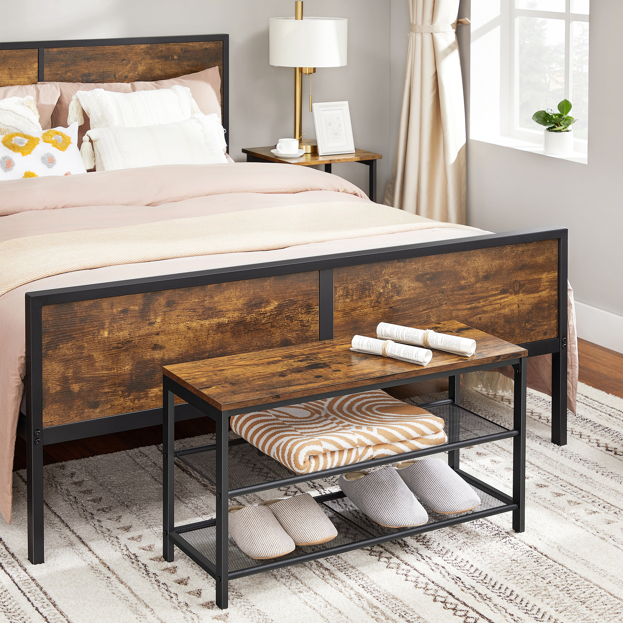 VASAGLE Schuhbank, 80 x 30 x 44,5 cm, Schuhschrank mit 2 Ebenen aus Netzstoff, Schuhregal, für Eingangsbereich