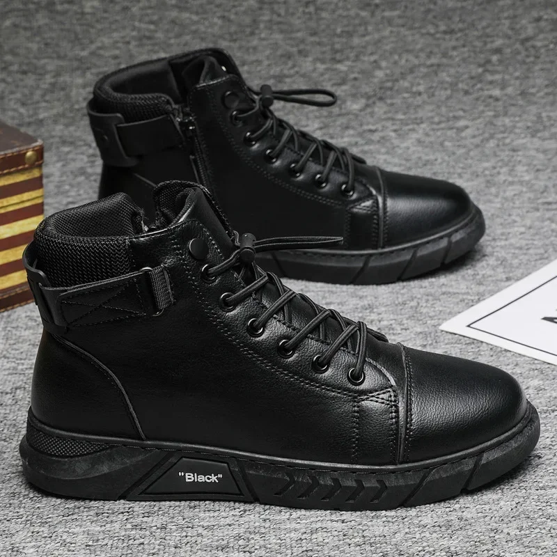 Botas masculinas de sola grossa para trabalho estilo britânico, sola macia quente, top alto, botas de couro casuais, tendência, nova para primavera e outono