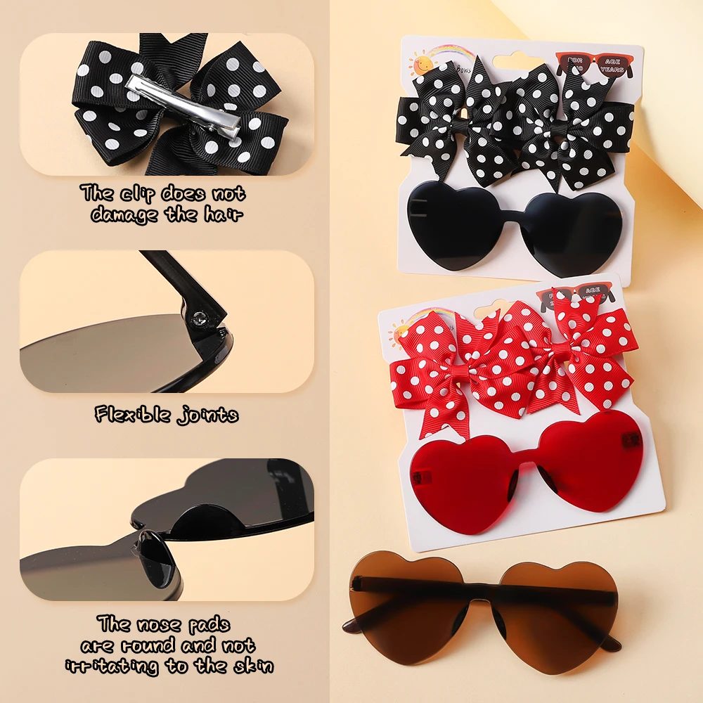 3 pçs/set crianças bonito sólido ponto hairpin colorido coração óculos de sol conjunto meninas boutique bowknot grampos de cabelo crianças acessórios para o cabelo