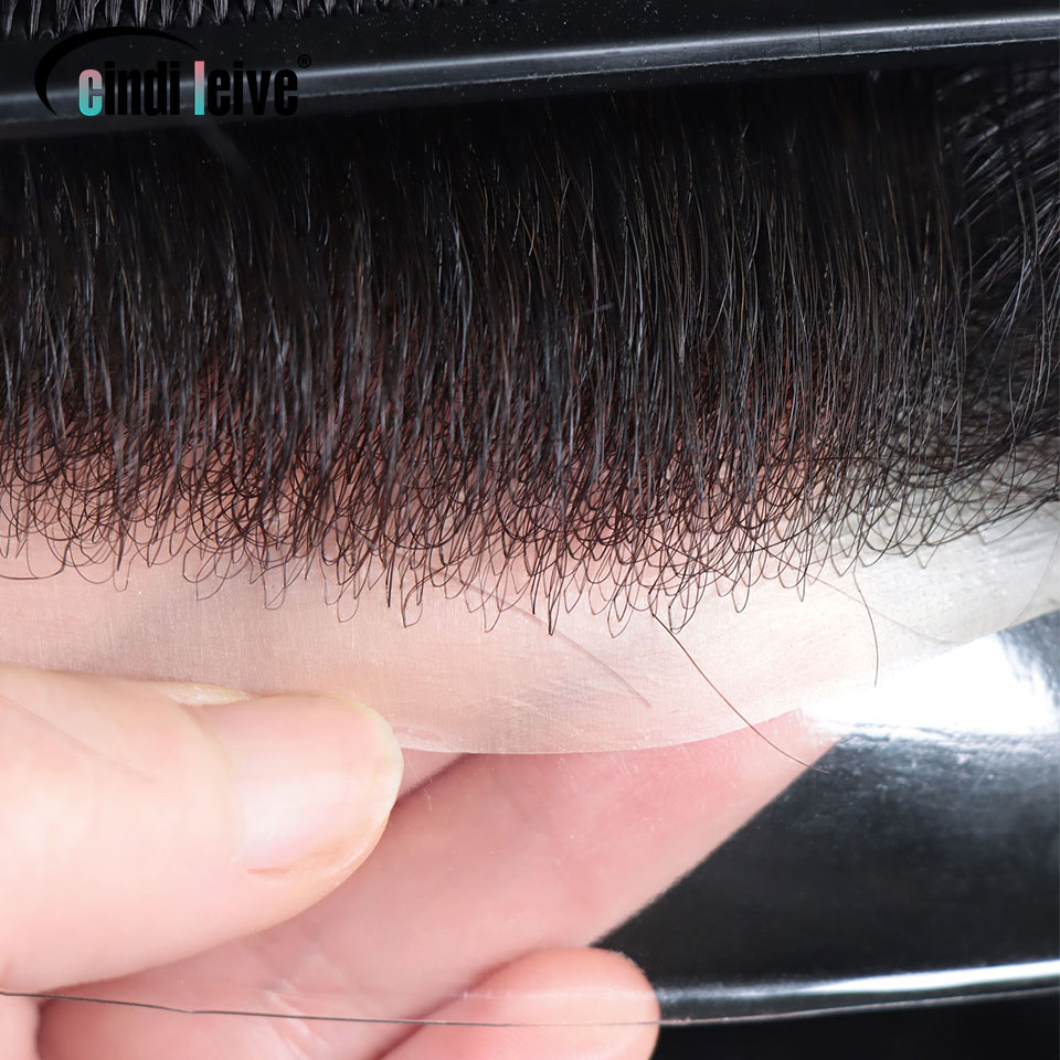 0.08-0.10MM noeud unique complet PU toupet pour hommes cheveux humains naturel noir hommes perruque hommes capillaire prothèse cheveux unité remplacement