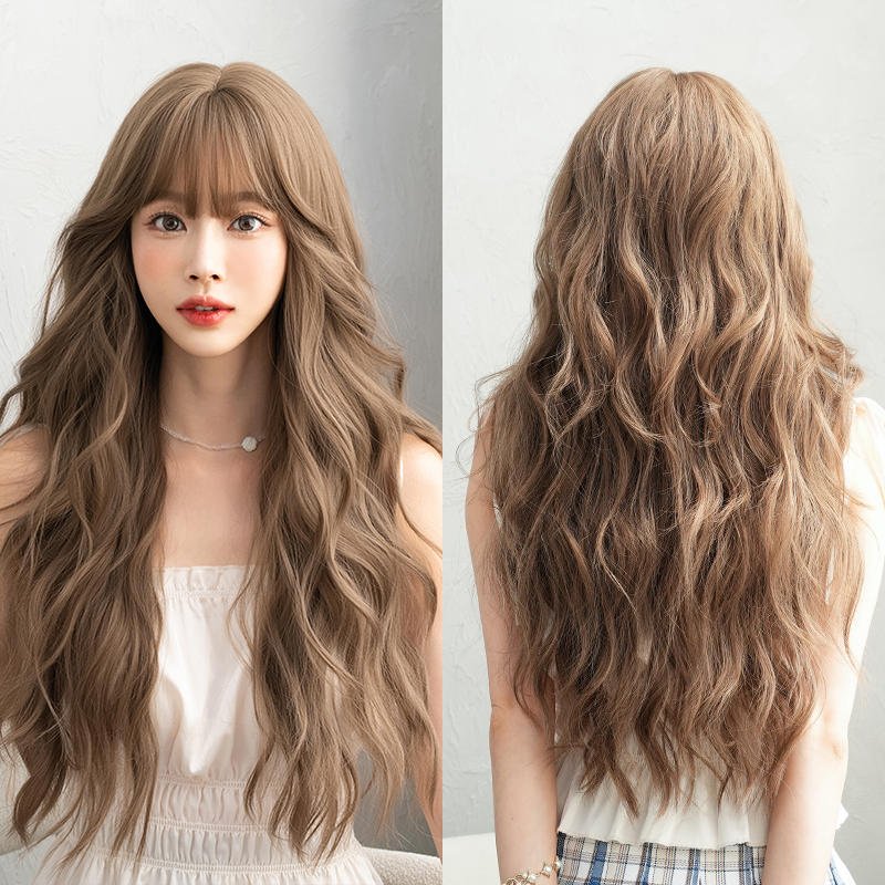 Pelucas 7JHH, peluca ondulada de cuerpo rubio miel a la moda para mujer, pelucas de pelo marrón sintético en capas de alta densidad para las cuatro estaciones con flequillo