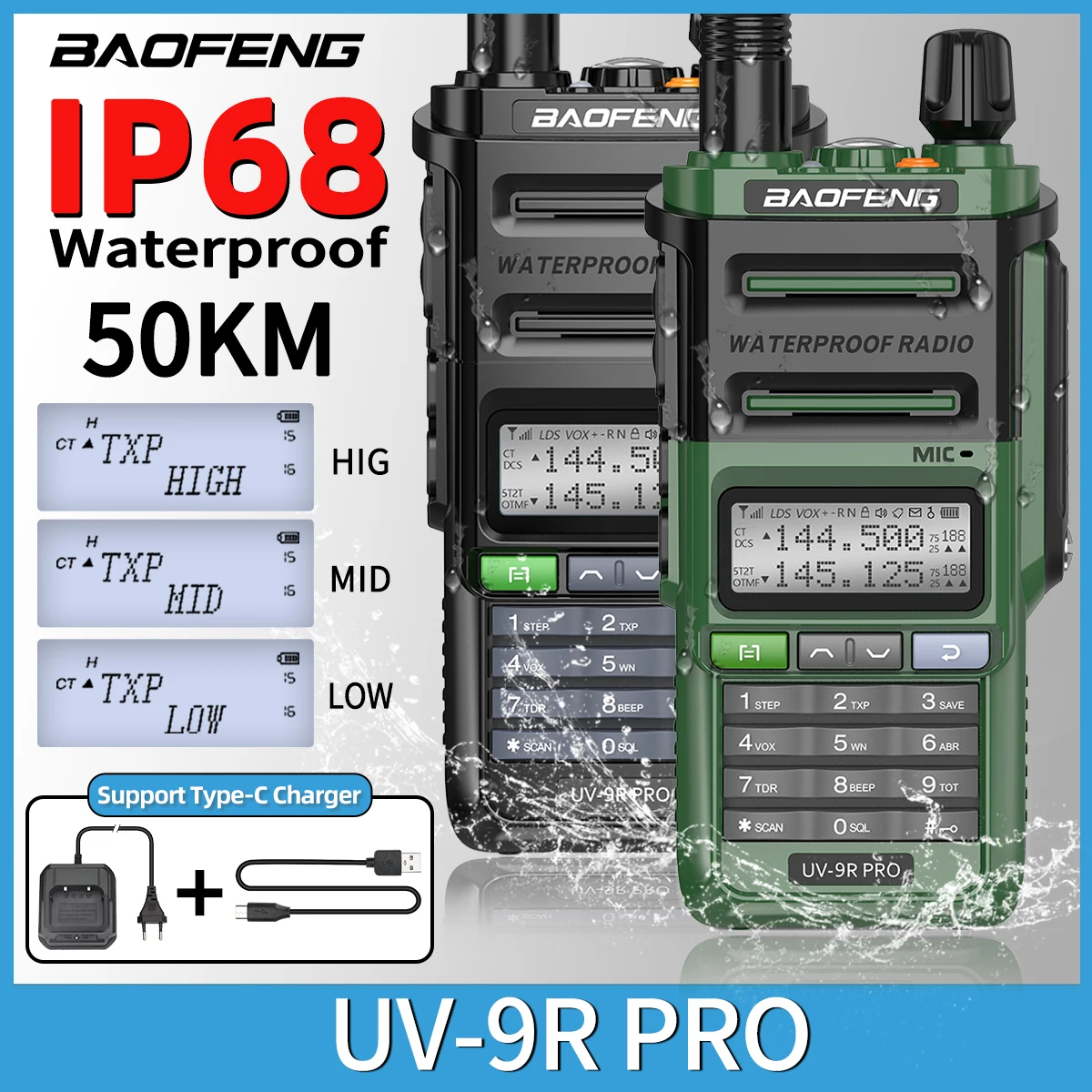 Baofeng UV-9R Pro V2 V1 Walkie Talkie IP68 impermeable de doble banda tipo C actualización de largo alcance Tri-power Ham CB Radio bidireccional