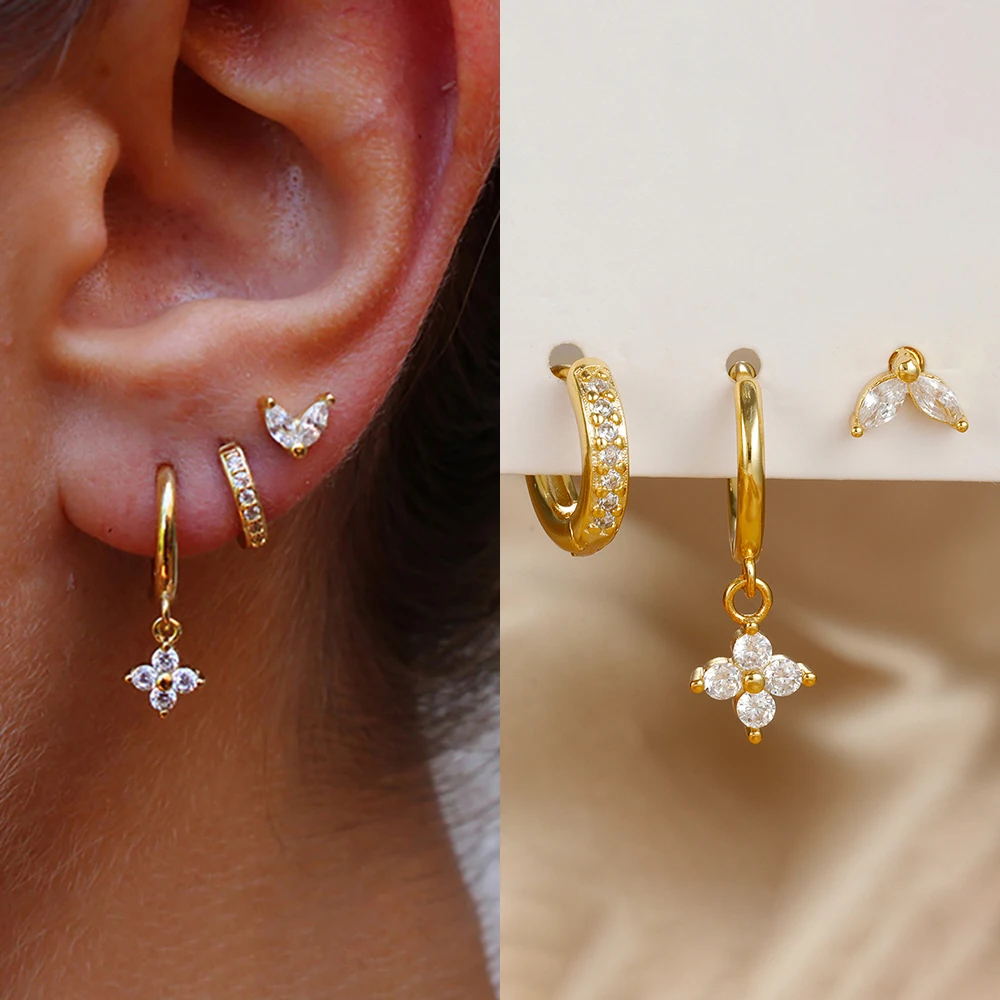 Juego de 3 uds de exquisitos pendientes colgantes de circonita verde para mujer, pendiente colgante de flor de acero inoxidable, joyería para Piercing de cartílago