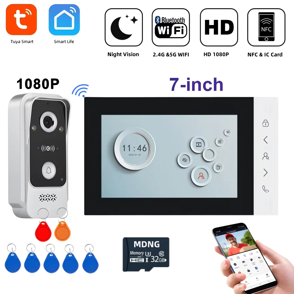 7 Polegada tuya inteligente vídeo porta de entrada telefone sistema intercom cartão rfid 1080p sem fio wi fi ao ar livre campainha câmera para casa apartamento