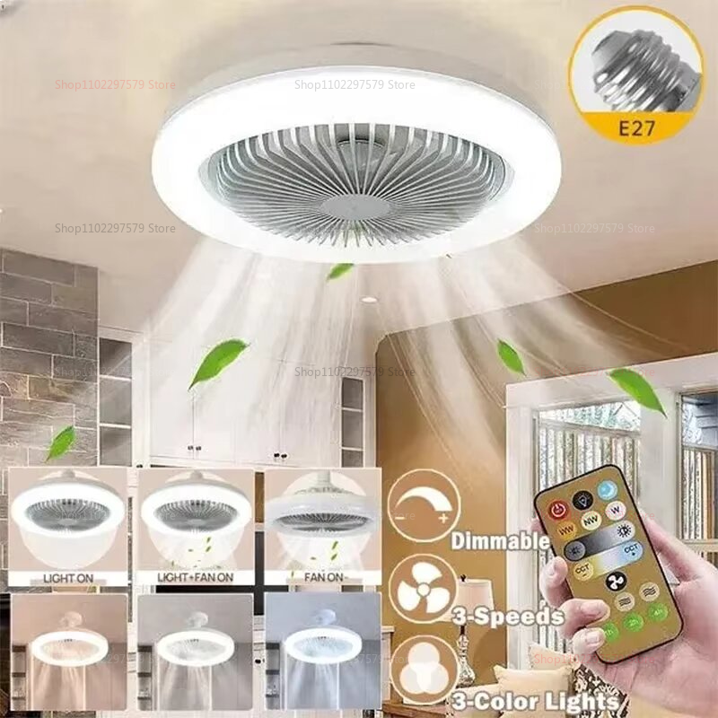 Ventilador de techo interior 2 en 1 con luces LED de 30W Control remoto 360 °   Iluminación giratoria E27 para decoración de sala de estar y dormitorio